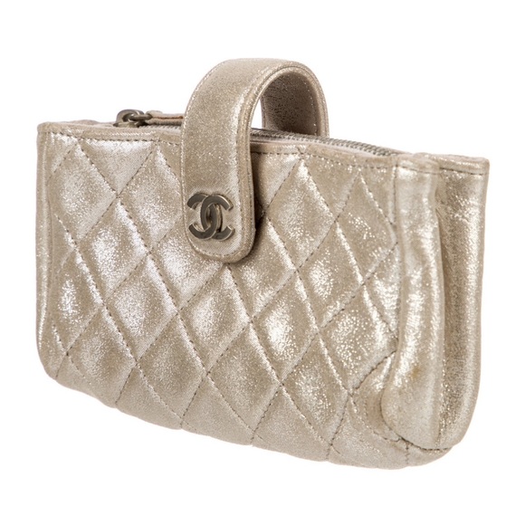 AUTH CHANEL Metallic Gold Phone Case Card Holder Pouch - Picture 3 of 6